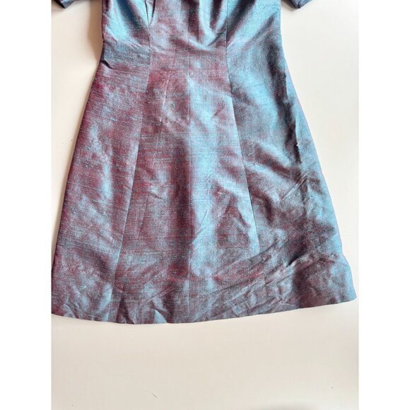 Vintage 60's Unbranded Iridescent Blue Teal Dupioni Silk A-Line Dress, Size S - Picture 8 of 11